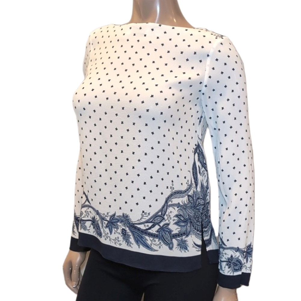 💠 ZARA Batik Print Blouse Long Sleeve Floral Border Side Slit Ecru Navy Top